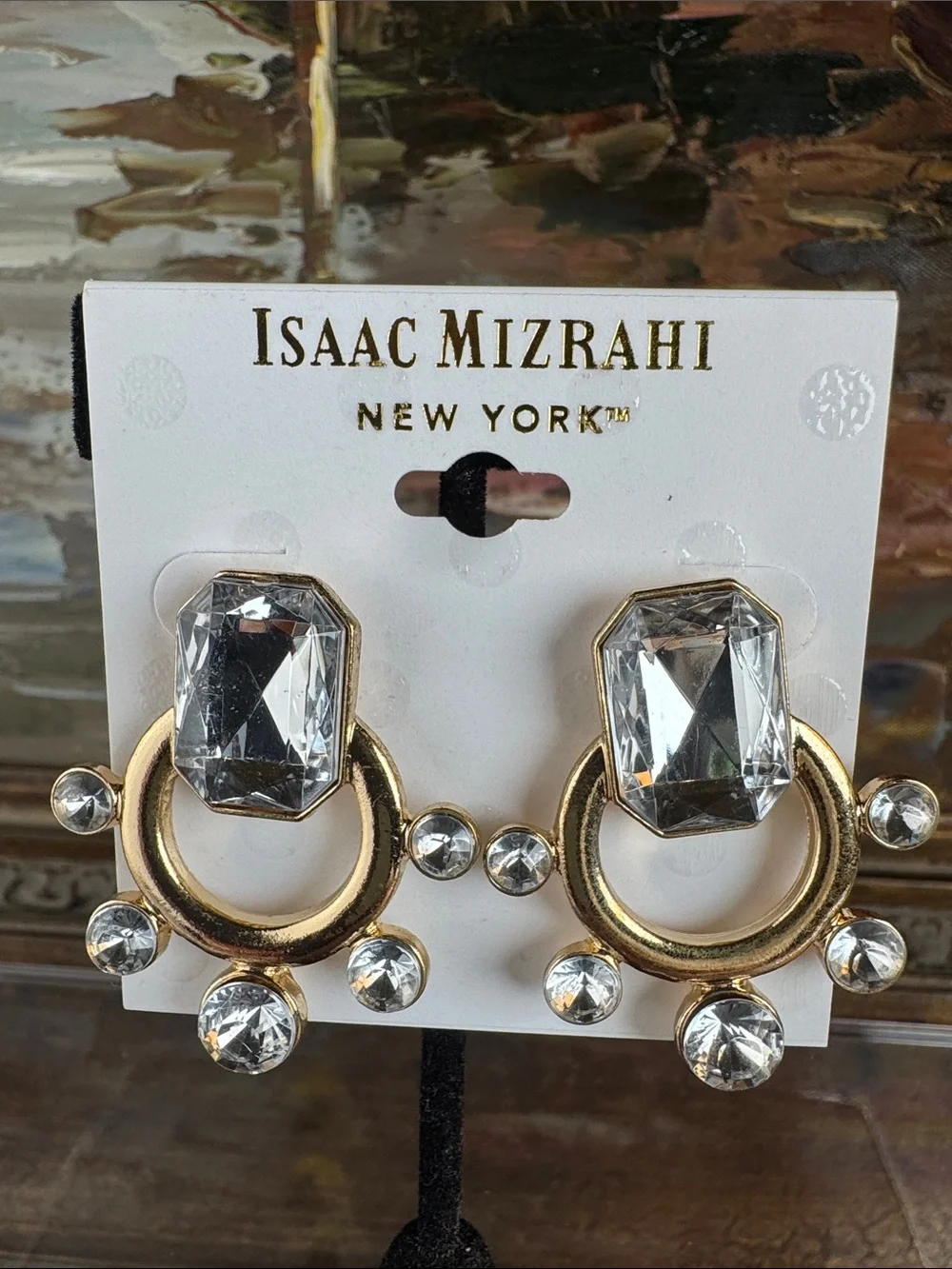 0601-Isaac Mizrahi Gold and Clear Crystal Hoop Drop‎ Earrings